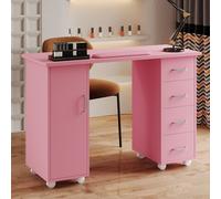 Mobile Manicure Table with 1 Cabinet and 4 Drawers, Pink