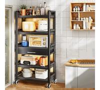 Mobile Microwave Stand Rack with Drawer - Rolling Kitchen Baker's Rack Metal Storage Shelf on Wheels Free Standing for Home Living Room Hallway - Black Color