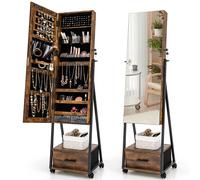 Mobile Mirror Jewelry Cabinet Standing Makeup Organizer Jewelry Armoire w/ Lockable Door COSTWAY Brown One Size