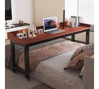 Mobile Overbed Table with 360° Wheels, Queen Size Bed Desk, Heavy Duty Laptop Cart Workstation, Adjustable Height, Brown Finish, Sturdy Metal Frame, Perfect for Home Office