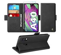 Mobile Phone Case for Samsung Galaxy A40 Case with Screen Protector, Stand Function, Card Slot, Wallet, Premium Leather Protective Case, A40 Flip Case Cover, Shockproof Flip Case A40 5.9 Inch (Black)