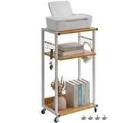 Mobile Printer Stand - 3 Tier Under Desk Printer Cart on Wheels, Height Adjustable Wood Rolling Table for Fax Machine and Scanner, Industrial Design