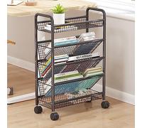 Mobile Rolling Book Cart with Wheels Compact Bookshelf Trolley for Desk Storage Metal Floor Standing Bookshelves Corner Display Shelf & Magazine Rack for Small Spaces