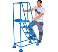 Mobile Safety Steps with Handrail, Blue Steel Portable Warehouse Access Platform on Wheels with Spring Loaded Castors & Anti Slip Treads (4 Tread (Flat-Packed))