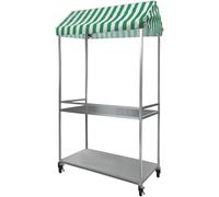 Mobile Street Food Vendor Cart with Striped Canopy, Folding Market Stall Frame, 2-Tier Iron Frame Street Food Cart, with Lockable Wheels for Market Foods, Events(Green,47"Lx24"Wx75"H/120x60x190cm)