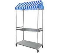 Mobile Street Food Vendor Cart with Striped Canopy, Folding Market Stall Frame, 2-Tier Iron Frame Street Food Cart, with Lockable Wheels for Market Foods, Events(Blue,39"Lx20"Wx75"H/100x50x190cm)