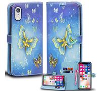 Mobile Stuff iPhone XR Leather Wallet Case - Folio Flip Book Cover with Magnetic Clasp Closure - Adjustable Viewing Stand (iPhone XR, Butterfly Gold)