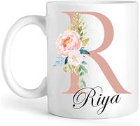 Mobile Stuff Personalised Floral Mug Initial with Name, Customised Gift for Mum, Dad, Kids or Girls, Printed Glitter, NOT Real Glitter, Tea Coffee Mug (11oz) (Rose)