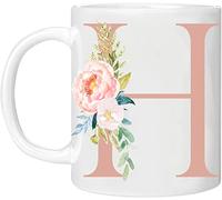 MOBILE STUFF Personalised Floral Mug Letter H -Any Alphabet 11oz Ceramic Coffee/Tea Cup Gift for Christmas, Birthday, Secret Santa, Mother’s Day or Father’s Printed Glitter, NOT Real Glitter (Rose H)