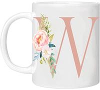 MOBILE STUFF Personalised Floral Mug Letter W - Any Alphabet 11oz Ceramic Coffee/Tea Cup Gift for Christmas, Birthday, Mother’s Day or Father’s Printed Glitter, NOT Real Glitter (Rose W)