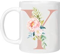 MOBILE STUFF Personalised Floral Mug Letter Y - Any Alphabet 11oz Ceramic Coffee/Tea Cup Gift for Christmas, Birthday, Secret Santa, Mother’s Day Printed Glitter, NOT Real Glitter (Rose Y)