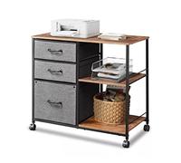 Mobile Wooden Filing Cabinet Printer Table for Home Office 3 Drawer Rolling Printer Stand with Open Storage Shelves Versatile Printer Storage Solution