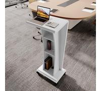 Mobile Wooden Podium Stand with Storage Curved Lectern & Wire Management Lockable Casters for Church School Office & Conference Use (White)
