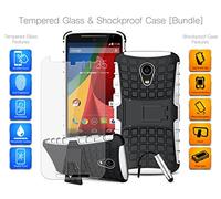 mobilesgiant.com Compatible with Motorola Moto G 2nd Gen 4G (2015) XT1072 - Tempered Glass Screen Protector, Heavy Duty Shockproof Armour Stand Case Grip Cover & Mini Stylus in WHITE