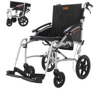 MobiQuip Lightweight Transit Wheelchair, 12kg - Standard 18" Seat, Aluminium Silver Frame - Portable, Foldable Attendant Pushchair with 12” Puncture-Proof Tyres & Brakes - Compact Mobility Aids