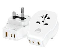 Mobitel Universal Travel Adapter UK with 20W USB-C PD 1 USB-A & 2 USB-C Ports Worldwide Plug Adapter for EU US AU Asia Fast Charging Power Adapter for Travel (White)