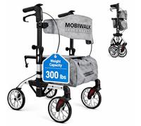 MobiWalk Fold & Stand Rollator Walker with Seat for Elderly & Adults | Lightweight Aluminium Folding Rollator | 8 Inch Wheels, Adjustable Height, Storage Bag, Cane Holder, 136 kg / 300 lbs