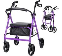 MOBIWALK Upgraded 8 Inch Wheels 4 Wheeled Rollator with Seat | Folding Mobility Walker for Elderly | Rollator with Seat | Lightweight Walker with Storage | Walking Aids for The Elderly (Purple)