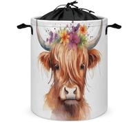 MoBlinko Highland Cow Laundry Basket Highland Cow Decor Flower Collapsible Laundry Hamper Round Small Storage Basket with Drawstring
