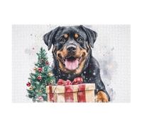 MoBlinko Smiling Rottweilers Dog Wooden Puzzles for Adults Christmas Tree Jigsaw Puzzles 1000 Pieces 30 X 20 Inches for Intellectual Game Wall Art Family Friends