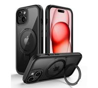 MobNano for iPhone 15 Case with Stand, Compatible with MagSafe, Crystal Clear, Military-Grade Protection, Magnetic Ring Holder & Protective Bumpers, Outdoor Case Cover - Black