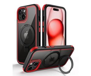 MobNano for iPhone 15 Case with Stand, Compatible with MagSafe, Crystal Clear, Military-Grade Protection, Magnetic Ring Holder & Protective Bumpers, Outdoor Case Cover - Black/Red