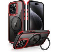 MobNano for iPhone 15 Pro Case with Stand, Compatible with MagSafe, Crystal Clear, Military-Grade Protection, Magnetic Ring Holder & Protective Bumpers, Outdoor Case Cover - Black/Red