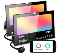 Mobri LED Floodlight Outdoor 800W, Smart RGB Flood Lights with APP Equivalent 8000LM, Colour Chaging - Warm White - Timing - Scene - IP66, UK 3-Plug, 2 Pack