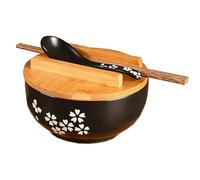 MOBUKJUU 1Set Japanese Style Rice Noodle Bowl with Lid Spoon and Chopstick Kitchen Tableware Ceramic Salad Soup Bowl Food Container (4PCS/Set -Black)