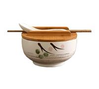 MOBUKJUU 1Set Japanese Style Rice Noodle Bowl with Lid Spoon and Chopstick Kitchen Tableware Ceramic Salad Soup Bowl Food Container (4PCS/Set -White)