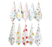 MOBUTOFU 10pcs Pure Cotton Drool Bibs and Face Towels for Infants, Absorbent and Soft with Concave Convex Seersucker Design, Cute Cartoon Patterns, Not Easy to Fade, for Baby Style