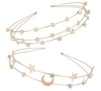 MOBUTOFU 2pcs Double Layer Metal Headband with Golden Star and Moon Design, Elegant Hair Hoop for Wedding and Birthday, Fashion Style Hairband Creating New Hairstyles