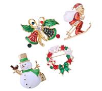 MOBUTOFU 4pcs Christmas Alloy Brooch Set - Double Bell, Sweeping Snowman, White Dove Wreath, Santa Claus Pins - Women’s Dress Badge Brooches for Holiday Clothes Accessories