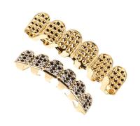 MOBUTOFU Golden Plated Rhinestone Tooth Jewelry Hip Hop Style Fake Grills for Men and Women Top and Bottom Bling Mouth Caps for Halloween Party Cosplay Costume Accessory with Durable Low
