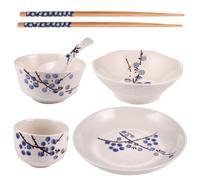 MOBUTOFU Japanese Ceramic Tableware 6-piece Set with Wooden Chopsticks and Spoon Household Tableware for One Person