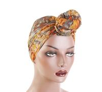 MOBUTOFU Ladies Turban Cap Beanie with Pre-tied Knot in Orange Voile Fabric, Full Coverage Ethnic Style Headwrap for Many Occasions