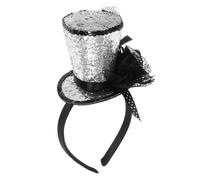 MOBUTOFU Mini Top Hat Headband for Women with Silver Sequin and Mesh, Lightweight Party Headwear Accessory for Photo Shoots and Occasion, Sparkling New Year Holiday Props