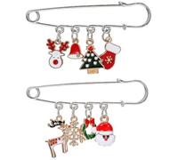 MOBUTOFU Rhinestone Christmas Brooch 2Pcs Bell Pins Featuring Reindeer and Wreath Designs for Ladies Holiday Outfits