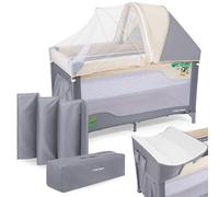 Moby-System Baby Travel Cot with Changing Table, Canopy and Mosquito Net 0-36 m, HUXLEY Folding Cot Playpen with Transport Bag Included, Two Levels, Grey