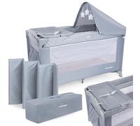 Moby-System Baby Travel Cot with Mattress Height Levels - 2in1 Cot and Playpen - Quick Folding with Carry Bag - Safety System with Locking Wheels - Mesh Sides, Side Opening - Canopy & Changing Table