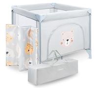 Moby-System Children's Playpen with Mattress and Transport Bag, Large Folding Wheels with Lock, Solid Frame, Non-Slip Overlays, 97 x 100 x 77 cm, Teddy Bear