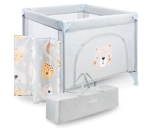 Moby-System Children's Playpen with Mattress and Transport Bag, Large Folding Wheels with Lock, Solid Frame, Non-Slip Overlays, 97 x 100 x 77 cm, Teddy Bear