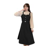 MOBYGKFY Black Colour Korean Version Of The Ageing Long-sleeved Skirt Splicing False Three-piece Suit Dress Slimming(L)