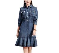 MOBYGKFY High-waisted single-breasted denim shirt dress Vintage ruffled dress with nine-minute sleeves(M)