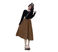MOBYGKFY Khaki Color Dress Vintage Splicing A-line Big Swing Ageing Thinning(L)