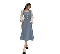 MOBYGKFY Korean Version Of The Sweet Bubble Sleeve Dress Square Neck Waist Slimming A-line Skirt(L)