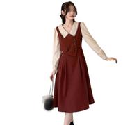 MOBYGKFY Wine red French Vintage Long Sleeve Fake Two Piece Dress Slim Heben Tea Break Long Dress(XL)