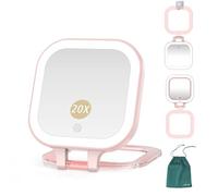 Mocado 1X/20X Magnifying Mirror with Light，Double Sides Makeup Mirror with 3 Color Lights, Rechargeable Foldable Mirrors for Travel, Dimmable Touch Screen, Pocket - Pink