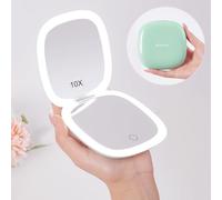 Mocado Compact Mirror with Light, 1X/10X Travel Magnifying Mirror, 10cm LED Travel Makeup Mirror with 3 Color Adjustable Lights, Double Sided USB Rechargeable & Touch Screen, Portable(Powdery Green)