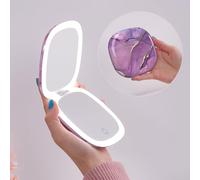 Mocado Compact Mirror with Light, 1X/10X Travel Magnifying Mirror, 10cm LED Travel Makeup Mirror with 3 Color Adjustable Lights, Double Sided USB Rechargeable & Touch Screen, Portable(Purple Marble)